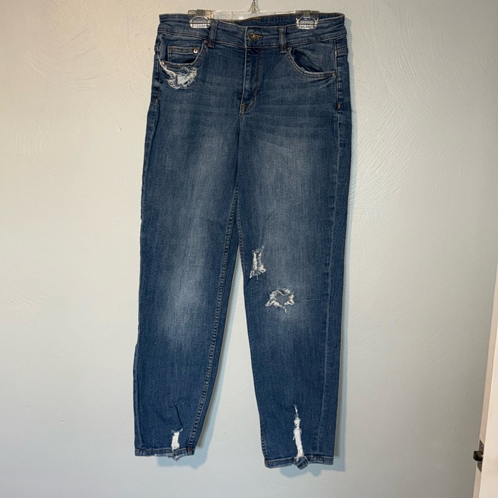 distressed straight slim leg jeans with stretch
